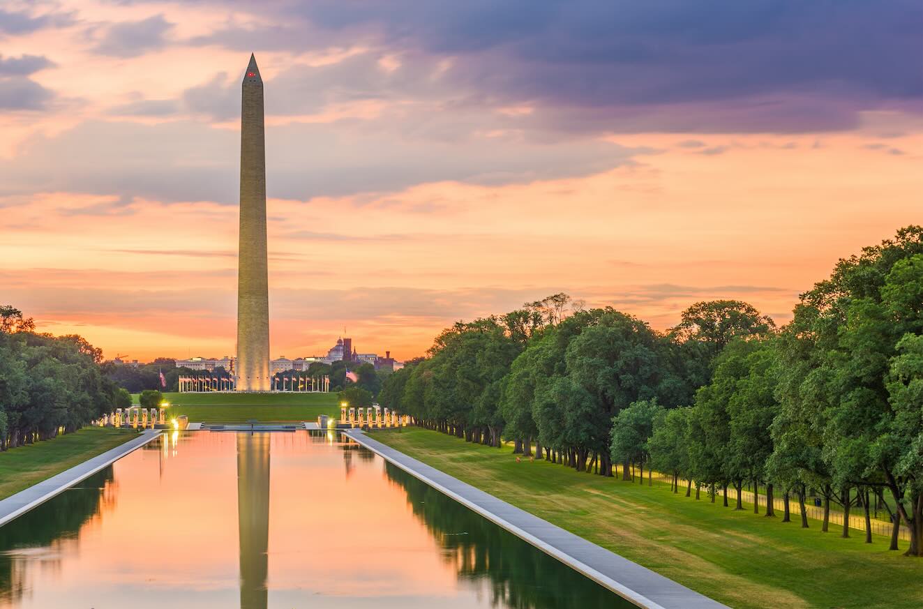 Washington Monument on the Reflecting Pool in Washington, D.C. at dawn.