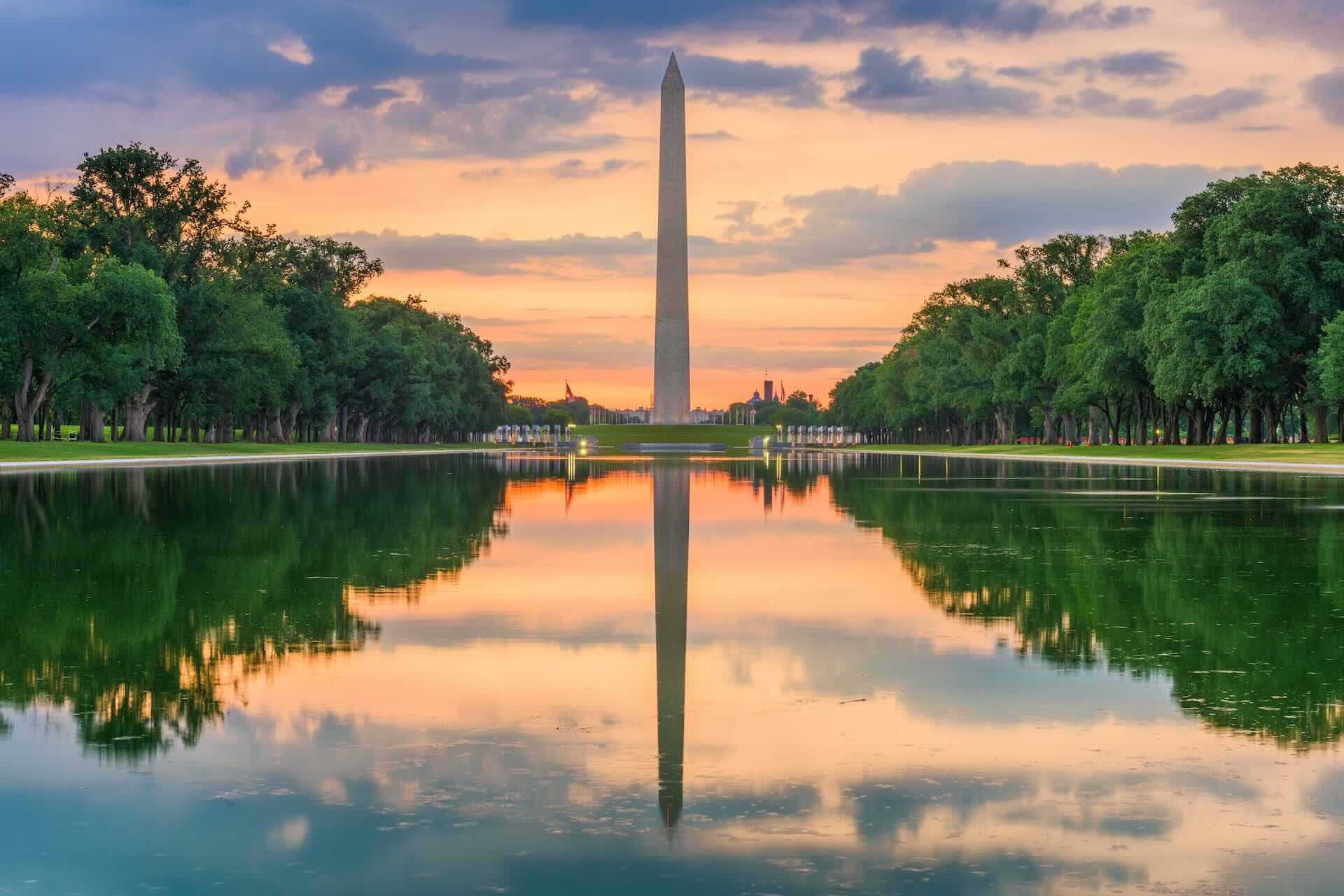 Washington Monument on the Reflecting Pool in Washington, D.C. at dawn.